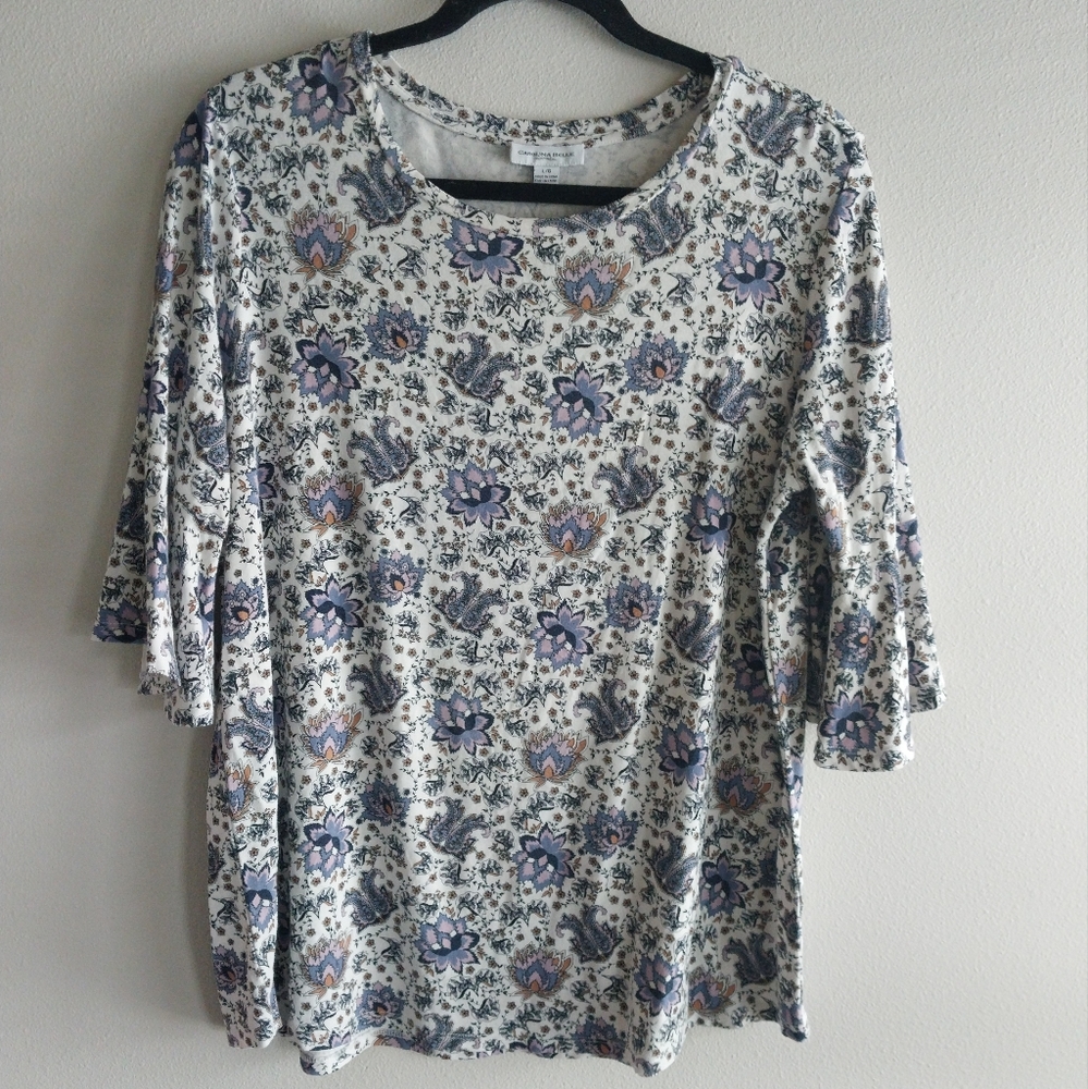 Carolina Belle Blue and Purple Floral Print 3/4 Ruffle Sleeve Top